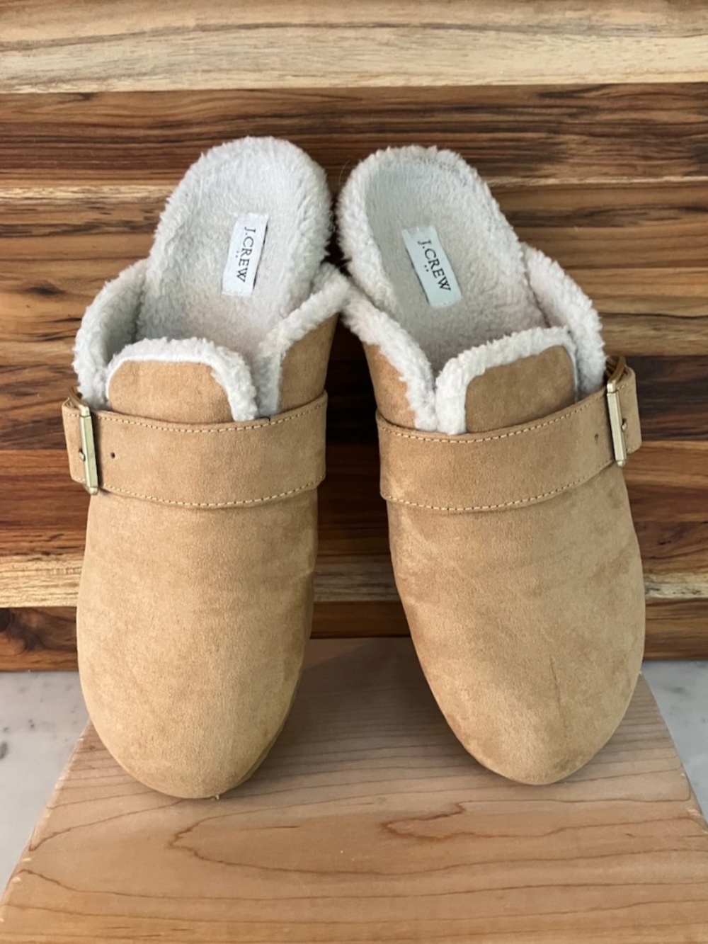 J.Crew Factory | Buckle Clog Slippers | Tan | Faux Shearling | Mule